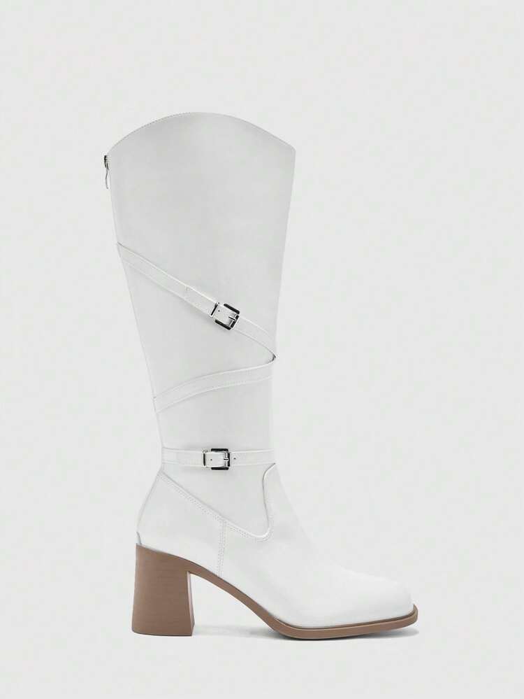 CUCCOO BIZCHIC Women's Fashion Over-The-Knee Boots, Square Toe Chunky Heel Design, Solid White Color, Back Zipper With Multi-Strap Decor, Versatile For Skirts, Jeans, Coats, Suitable For Autumn/Winter, Fashion Shows, Commuting, Stylish Ladies Tall Boots