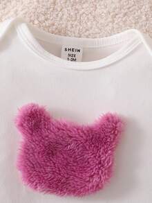 3-Piece Cute Bear Embroidered Flannel Solid Pink Vest + Long-Sleeved Fitted Romper + Hat Combination Baby Pajamas, Autumn And Winter Style. - Purple - View 4