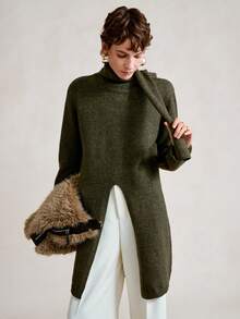 SHEIN Stylify Elegant Solid Color Sweater, Niche Design With Scarf, Mid-Length Solid Color Sweater, Simple Vintage Style, Suitable For Autumn/Winter Christmas Party, Outdoor And Home Wear - Green - View 4