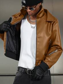 Manfinity EMRG Men's Long Sleeve Jacket Leather Street Style Ins Versatile Retro American Casual Jacket, Zipper Design Couple Matching, Autumn/Winter Leather Jacket - Brown - View 7