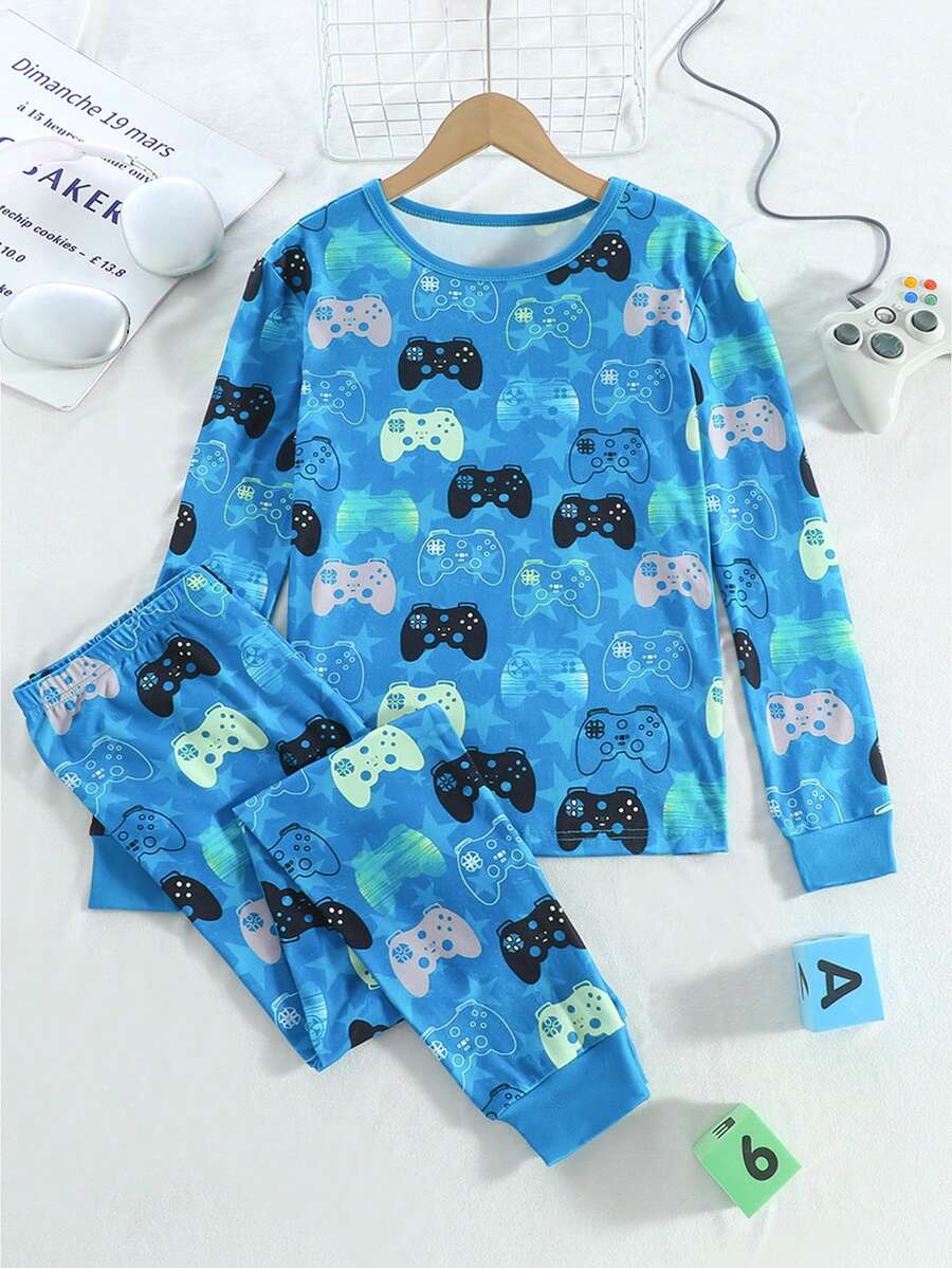 2 件套青少年男童星星印花时尚休闲长袖上衣和裤子紧身家居服,春/秋/冬 - 藍色 - 查看 1
