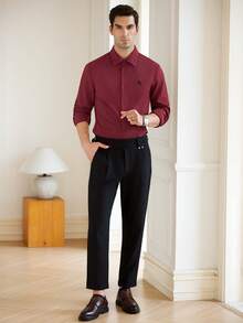 Manfinity Bizformal 男士简约刺绣长袖休闲商务衬衫 - 咖啡棕 - 查看 6