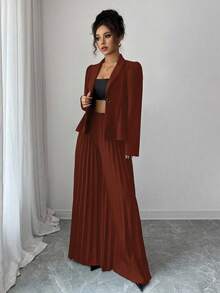 Elenzga 女士优雅通勤黑色西装外套，翻领和金边装饰纽扣，长泡泡袖，合身设计 + 女士优雅通勤黑色褶皱设计宽松阔腿裤，春秋 - 橘色 - 查看 7