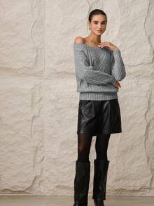 Modelyn Women's Asymmetrical Shoulder Sweater With Tie Neck - Grey - View 5