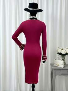 Franclia 女式纯色仿珍珠装饰锁孔领长袖修身优雅针织连衣裙 - 酒紅色 - 查看 2