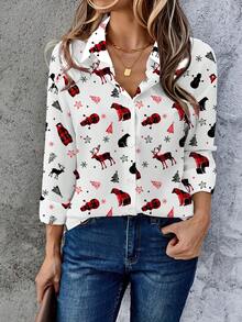 SHEIN LUNE Women's Long Sleeve Christmas Shirt,White Casual Summer Autumn Winter Plaid Elk Snowflake Christmas Tree Pattern,Family Santa Claus Vintage Party - Multicolor - View 4