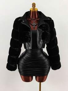 Amplova Women's Solid Color Minimalist Long Sleeve Faux Fur Jacket, Everyday Wear,Party Dresses For Women - Black - View 13