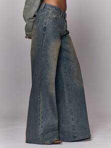 MUSERA Washed Back Pocket Mid Rise Wide Leg Belt Loop Detail Denim Jeans Autumn Winter Fall Going Out Everyday Night Out Casual Cool Streetwear Washed  Chic Spring Summer - Light Wash - View 3