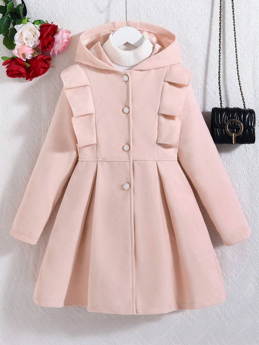 SHEIN 少女红色荷叶边长袖休闲连帽单排扣外套 - 淺粉色 - 查看 1