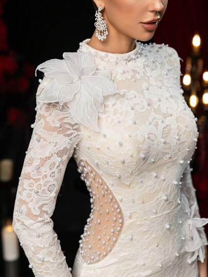 Glamrae Elegant White All-Over French Lace, Handcrafted Three-Dimensional Flower Pearl Embellishments, Stand-Up Collar, Long Sleeves, Openwork Waist, Sheer Mermaid Skirt With A Train, Suitable For Weddings, Bridal Gowns, Formal Occasions, And Wedding Dresses.