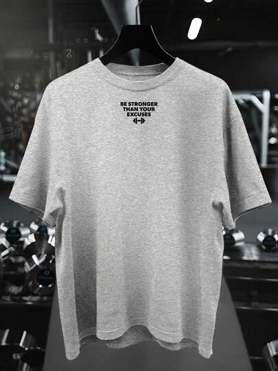 Manfinity Sport Corelite 男士休闲杠铃和标语印花宽松舒适运动 T 恤，夏季