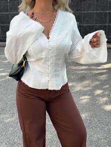 Jeta Ari Women's Elegant Solid Color Lace Trim Blouse,Going Out Tops Women,Cute Shirts,Embroidered Top,Button Up Shirt Women,Vacation Outfits Woman,Old Money,Elegant  Women,Vintage,Summer/Fall,Fall Clothes For Women - White - View 3