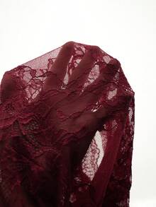 SHEIN ICON Plus Size Square Neck Ruched Lace Flare Sleeve Contrast Color Dress, Y2K Party Dress, Halloween Costume, Witch - Burgundy - View 8