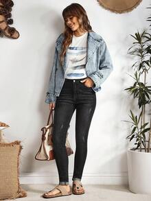 EMERY ROSE SpringHigh Waist Ripped Skinny Jeans Women Jeans High Waisted - الأسود - مشاهدة 2