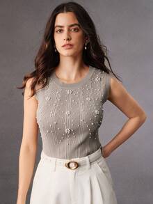 Anewsta Elegant Beaded Sleeveless Knit Camisole, Slim Fit Versatile Undershirt - Light Grey - View 6
