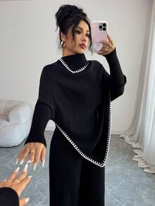 SHEIN Elenzya 女士秋冬长款斗篷、宽松拼色毛衣和阔腿裤两件套 - 黑色 - 查看 3