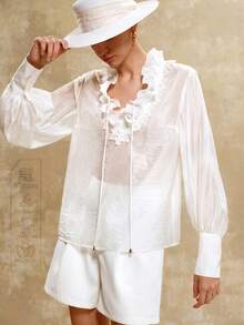 Arave French Lace V-Neck Ruffle Hem Lantern Sleeve Blouse For Women Fall Women Clothes Fall Outfits Women Fall Autumn Clothes All White - White - View 5