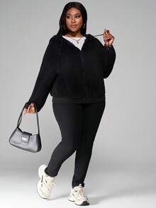 SHEIN PETITE CURVE 大码女式纯色抓绒连帽卫衣，加厚保暖，秋冬季长袖上衣，毕业季、教师节、返校季皆宜 - 黑色 - 查看 4