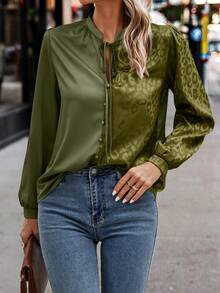 SHEIN Clasi 时尚通勤豹纹提花拼接长袖衬衫 - 軍綠色 - 查看 3
