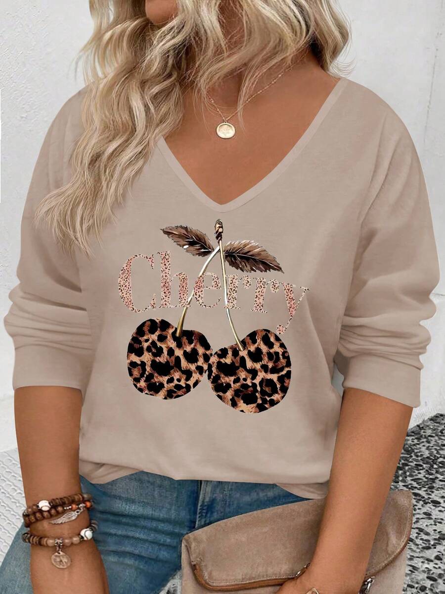 EMERY ROSE 新款秋冬V领长袖畅销女款樱桃豹纹T恤 - 彩色 - 查看 1