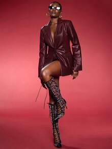 Normani 女士复古酒红色PU皮革收腰西装外套，适合OL、美人鱼、万圣节、感恩节、圣诞节等场合，秋冬季穿着。 - 酒紅色 - 查看 5