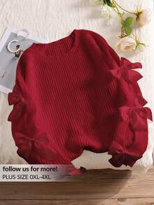CosyJoli Plus Size Crew Neck Long Sleeve Loose Knit Sweater With Bowknot Decor, Autumn/Fall, Winter,Slightly Sheer - Red - View 1