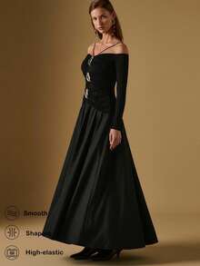 Briarwyn Women's Off Shoulder Long Sleeve Metal Decor Flared Dress,Black N Gold,Autumn,Elegant,Dining,Luxurious Old Money Style Halloween Christmas Costume - Black - View 4