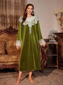 PalaceNights Women's Velvet Luxury Embroidered Floral Lace Trim Loose Long Sleeve Nightgown, Winter, Moo Moo Night Dress - Green - View 4