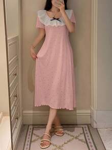 DAZY 波尔卡圆点印花荷叶边领女式睡袍，女式家居服连衣裙 - 淺粉色 - 查看 4