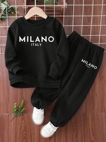 Sparklyn 2件套少女休闲白色字母印花圆领卫衣和运动裤套装，保暖秋季日常穿着 - 黑色 - 查看 3