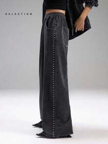 LYSMO 女式休闲宽松运动裤，饰有水钻 - 黑色 - 查看 1