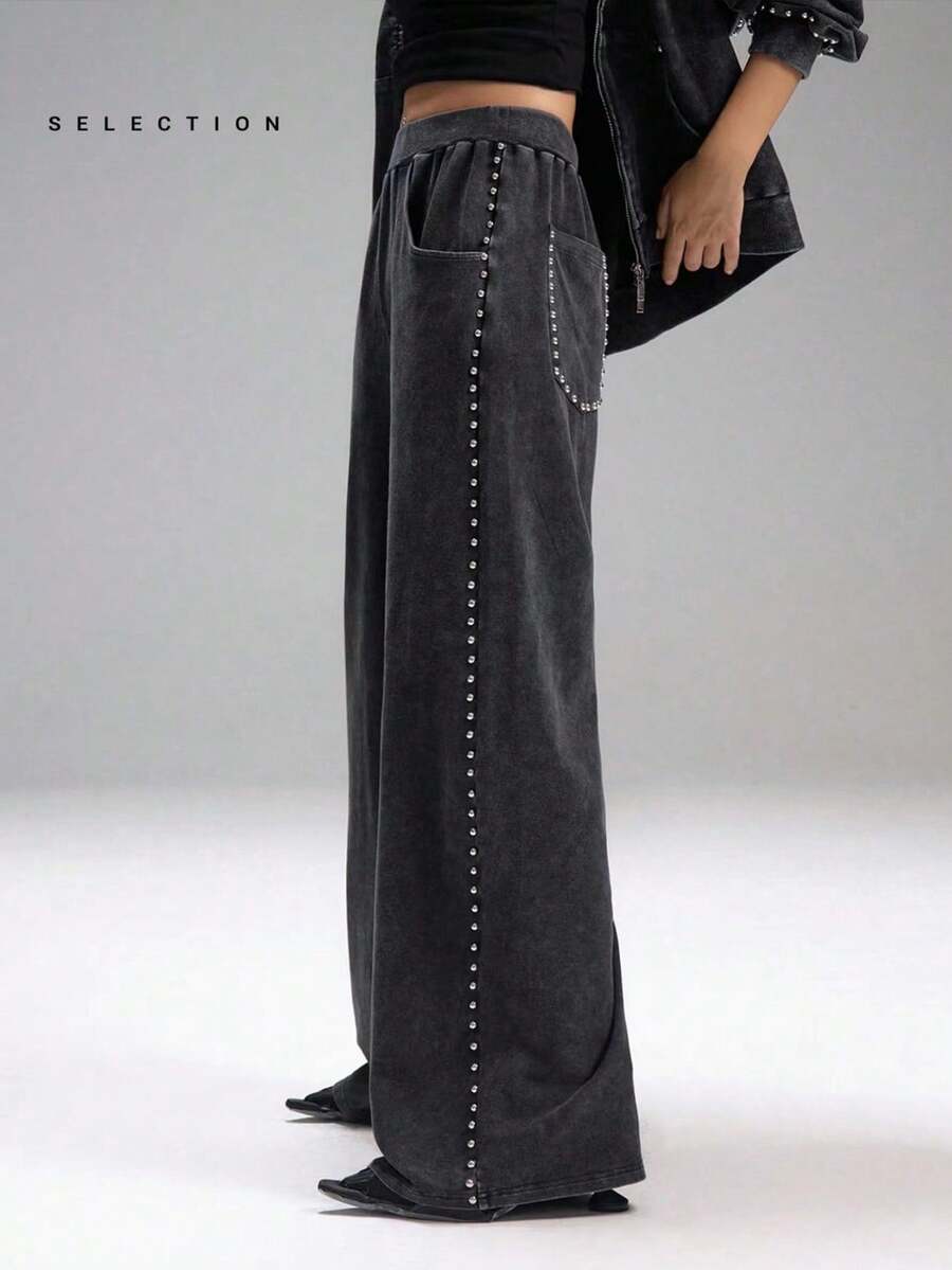 LYSMO 女式休闲宽松运动裤，饰有水钻 - 黑色 - 查看 1