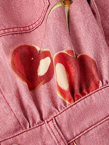 SHEIN MOD 女式樱桃印花长袖落肩休闲前扣牛仔连体裤 - 藍色 - 查看 4