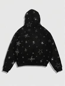 ROMWE MEN Street Life Men's Rhinestone Embellished Star Hoodie Sweatshirt, Autumn/Winter - Black - View 2