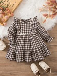 Babygirl 可爱休闲格子长袖荷叶边下摆宽松连衣裙 - 卡其色 - 查看 8