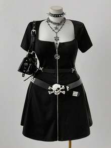 Sweetra Plus Punk Metal Zipper Star Decor Round Neck Flare Hem Short Sleeve Dress, Casual Leisure Wear Suitable For Daily, Back To School, Halloween, Holiday Goth Dress Punk Dress - Black - View 5