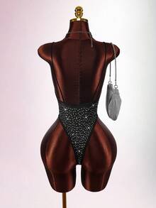 Y2K Amplova Women's Christmas Rhinestone Glitter Backless Sheer Sexy Black Bodysuit For Party, Autumn/Winter Thanksgiving And New Year - Black - View 2