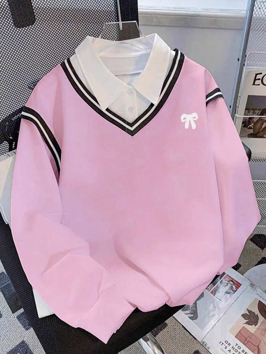 Resyla 女式撞色领运动休闲运动衫，学院风上衣 - 彩色 - 查看 1