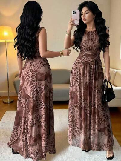 Rafferiza Vestido Feminino Elegante de Malha com Estampa Floral de Leopardo, Cordão de Ajuste e Franzido sem Mangas