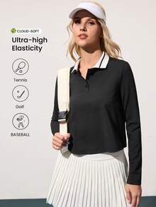 CourtClass 女式撞色领长袖运动 Polo 衫 - 黑色 - 查看 1