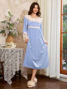 Côtesoire 女士优雅法式撞色蕾丝荷叶边睡裙家居服，冬季 - 藍色 - 查看 3