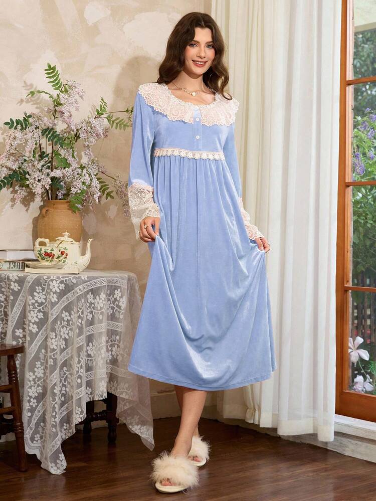 Côtesoire فستان نوم أنيق للنساء بطراز فرنسي، بتصميم ياقة دانتيل ذات لون متباين وكشكشة، للاستخدام الشتوي - الأزرق - مشاهدة 3