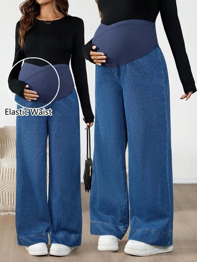 SHEIN 孕妇撞色拼接前交叉高腰直筒牛仔裤，适合秋季、冬季、万圣节、圣诞节、新年、感恩节、通勤、度假、Y2K风格、可爱街头风、俏皮风、生日、机场、商务休闲、女性、优雅老派、工作场合穿着。舒适的孕妇阔腿牛仔裤，采用柔软亲肤的棉质牛仔面料，并带有弹力腹部支撑。