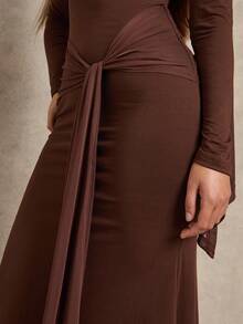 Glamine Women's Solid Color Ruffle Hem Fitted Long Sleeve Maxi Dress,Coffee Brown,Autumn,Elegant,Party Night Brown Elegant Dress - Coffee - View 5