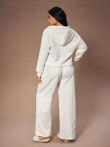 Lazeform 大码女式提花针织连帽上衣和裤子睡衣套装，白色，秋冬服装 - 白色 - 查看 4