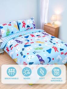 Teletubbies X SHEIN 三件套被套 条纹蓝印花 舒适柔软 透气保暖 蓝色被套 适合儿童单人床/双人床/大床/特大床 - 淺藍色 - 查看 9