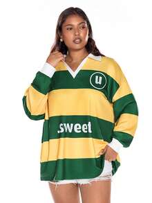 Solavibe Plus Size Fall And Winter Casual Sweatshirt For Holiday Dates, Fall And Winter Vacation Small V-Neck Striped Printed Sweatshirt, Holiday And Autumn Sportswear Sweatshirt, School Uniform, Very Simple, Women's Country, Office Wear, Old Money Style, Teacher Style, Date, Graduation Season - Multicolor - View 5
