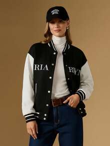 Briarwyn Women's Casual Color Block Letter Embroidery Baseball Jacket, Autumn Winter,New Year,Old Money Style - Black and White - View 5