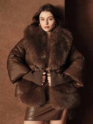 Anewsta Jachetă de lux cu guler din blană artificială, cu decolteu în V, model patchwork, mâneci tricotate, groasă, lejeră, potrivită pentru toamnă, toamnă, iarnă, ieșiri în oraș, stil elegant, formal, petrecere, șic, Anul Nou, haină de iarnă pentru femei, Crăciun, serviciu, absolvire, nuntă