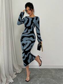 Elenzga 女式撞色图案喇叭袖针织连衣裙 - 霧霾藍 - 查看 5